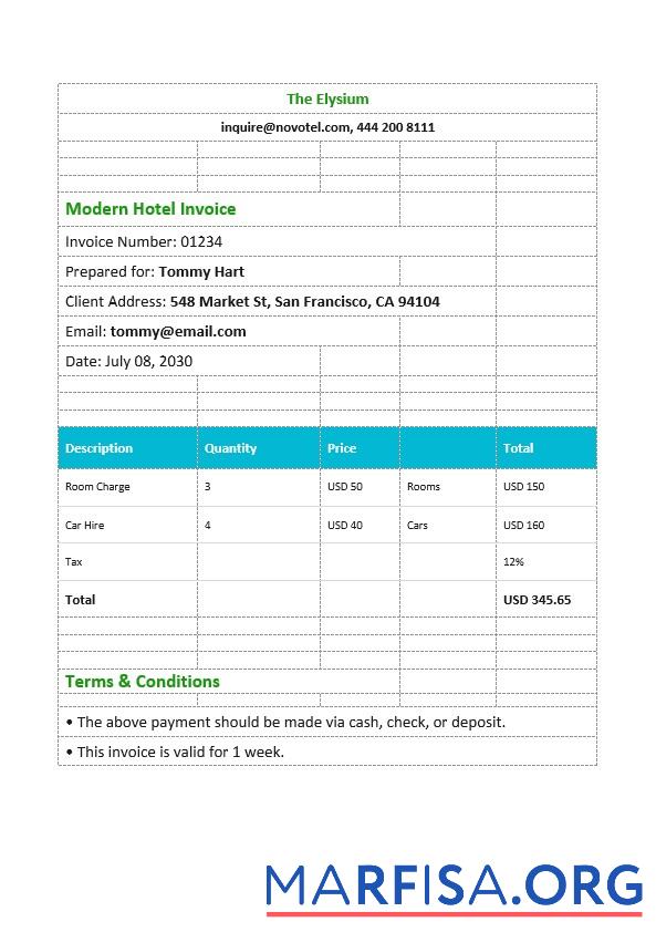 Downloadable Modern Hotel Invoice Template